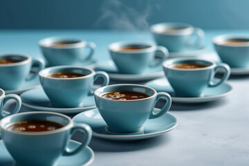 Obraz na płótnie Canvas many cups of hot and steaming coffee on a light blue background, created with generative ai