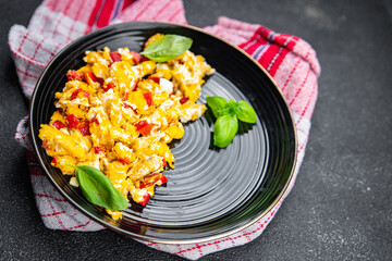 scramble eggs pepper paprika healthy meal food snack on the table copy space food background rustic top view