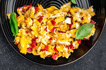 scramble eggs pepper paprika healthy meal food snack on the table copy space food background rustic top view
