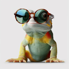Hip gecko lizard wearing sunglasses isolated on white background (Generative AI) - obrazy, fototapety, plakaty