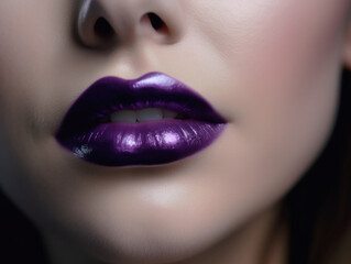 Obraz premium Glamorous fashion makeup with bright purple lip gloss with gloss. Macro of the female part of the face. glossy lip makeup, gorgeous lady. Generative Ai