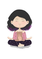 Young pretty woman performing yoga exercise. Female cartoon character sitting in lotus posture and meditating. Girl with crossed legs isolated.