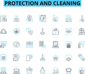 Protection and cleaning linear icons set. rotection:, Shield, Barrier, Cover, Insulate, Armor, Fortress line vector and concept signs. Shelter,Safeguard,Buffer outline illustrations Generative AI