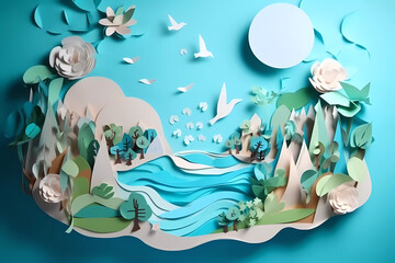 Naklejka na ściany i meble Paper art for World Water Day and Environmental Protection. AI Generated.