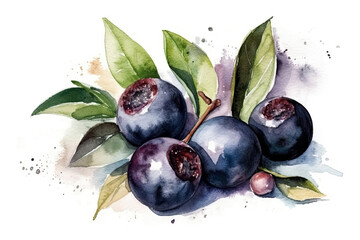 Beautiful Watercolor Drawing Acai On A White Background, Minimalist Style. Generative AI