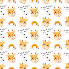 Fototapeta premium Cute kids seamless animal pattern. Lion cub pattern in the clouds. Print on fabric, paper and design. Vector illustration