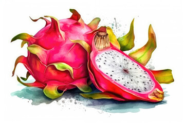 Beautiful Watercolor Drawing Dragonfruit On A White Background, Minimalist Style. Generative AI