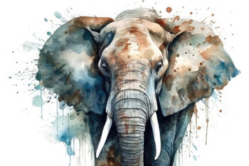Beautiful Watercolor Drawing Elephant On A White Background, Minimalist Style. Generative AI