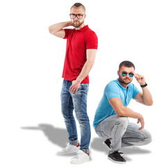 Two styling cheerful young men stand