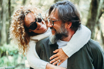 Love people and nature. Outdoor leisure activity together. Man and woman bonding and enjoying happy...
