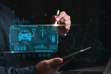 eco, charger, technology, vehicle, power, innovation, automobile, windmills, electricity, fuel. pen touching eco car charger hud. vehicle power innovation from windmills electricity. automobile fuel.