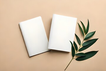 two blank papers mockup with a leave, flat lay, generative ai