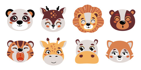 A beautiful set of vector collection of cute animal heads in a children's style. Vector illustration