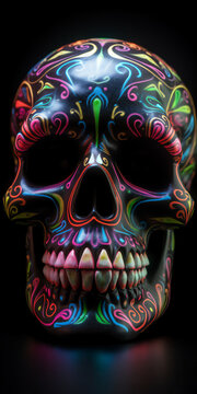 Neon Mexican Skull Cinco De Mayo Black Backgroun, Generativ Ai