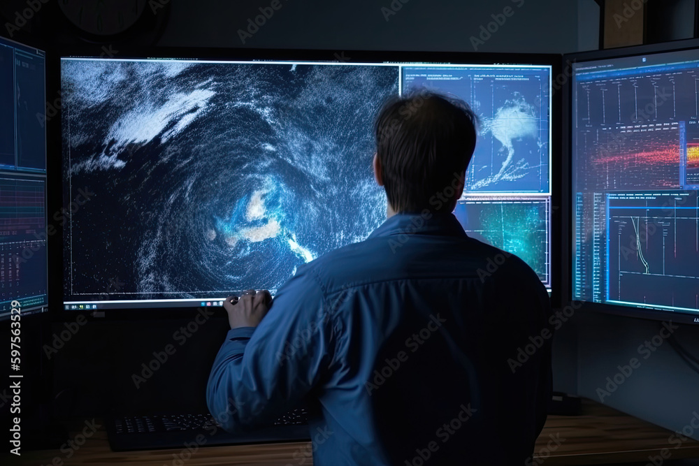 Wall mural meteorologist monitoring weather forecast at monitor screen. workplace in meteorological department.
