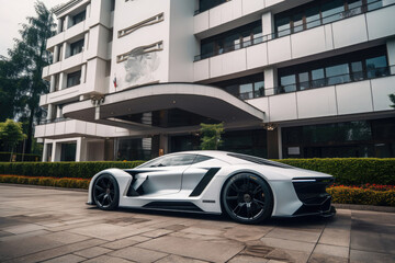 Modern car near luxury hotel in city. Sportcar parked next to facade of an expensive beautiful house. Life of wealthy people. Created with Generative AI
