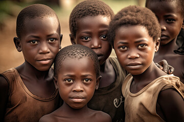 African children. Portrait of african boys looking at camera. Poverty in Africa concept. Created with Generative AI