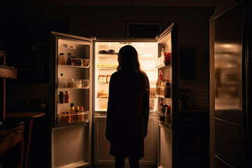 Fototapeta na wymiar Hungry woman looking for food in fridge at night. Rear view of female standing in front of open refrigerator. Created with Generative AI