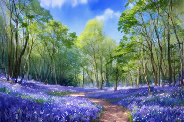 Bluebell Wood - Water Colour Painting. Generative AI