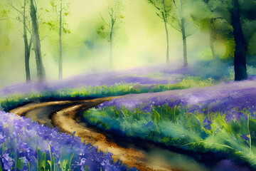 Bluebell Wood - Water Colour Painting. Generative AI