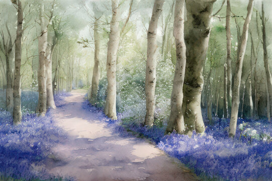 Bluebell Wood - Water Colour Painting. Generative AI