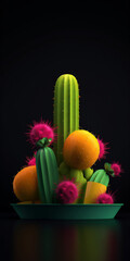 Sambrero with flowering cacti on a black background, Mexican holidays, ai generation