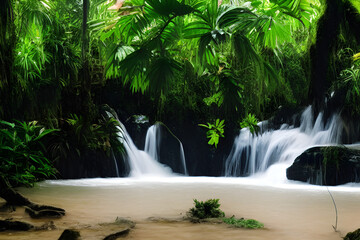 waterfall in a tropical jungle, Generative AI