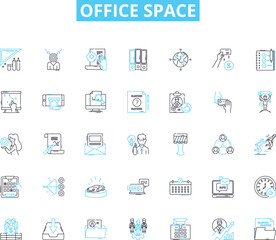 Office space linear icons set. Cubicles, Desks, Meeting, Collaborative, Office, Furniture, Workstation line vector and concept signs. Efficiency,Productivity,Communication outline Generative AI