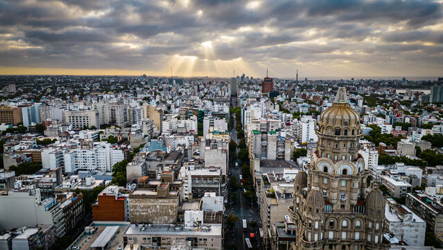 aerial Montevideo Palacio salvo Skyline cityscape Uruguay capital at sunset