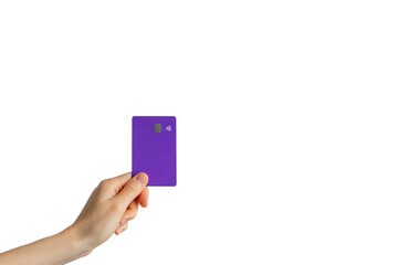 hand holds a bank card on an isolated background. payment online. credit card in hand on a transparent background.