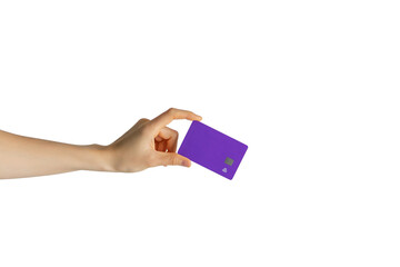 hand holds a bank card on an isolated background. payment online. credit card in hand on a transparent background.