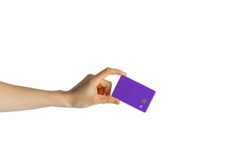 hand holds a bank card on an isolated background. payment online. credit card in hand on a transparent background.