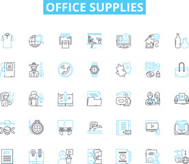 Office supplies linear icons set. Pens, Paper, Staples, Paperclips, Markers, Highlighters, Pencils line vector and concept signs. Erasers,Post-its,Tape outline illustrations Generative AI