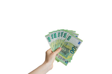 hand with euro banknotes on transparent background