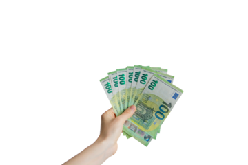 hand with euro banknotes on transparent background