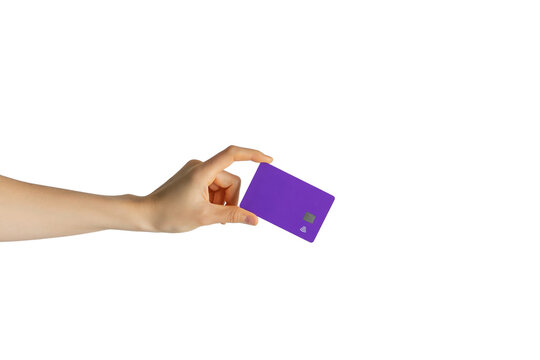 hand holds a bank card on an isolated background. payment online. credit card in hand on a transparent background.