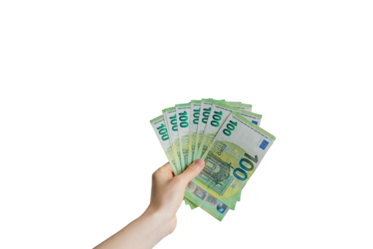 hand with euro banknotes on transparent background