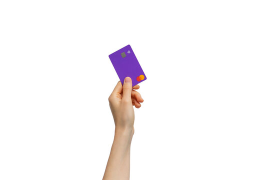hand holds a bank card on an isolated background. payment online. credit card in hand on a transparent background. Mastercard turkey may 2023