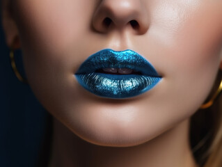 Fototapeta premium Glamorous fashion makeup with bright blue lip gloss with gloss. Macro of the female part of the face. glossy lip makeup, gorgeous lady. 8k. Generative Ai