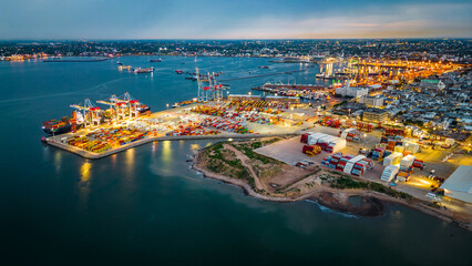 uruguay Montevideo aerial view of port illuminated at night  - obrazy, fototapety, plakaty