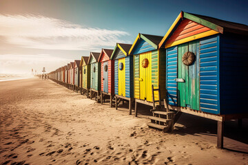 Naklejka premium Generative AI illustration of Vividly colored wooden beach huts on the sand of the beach