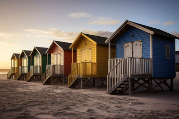 Generative AI illustration of Vividly colored wooden beach huts on the sand of the beach