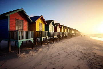 Generative AI illustration of Vividly colored wooden beach huts on the sand of the beach