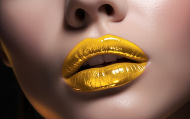 Glamorous fashion makeup with bright yellow lip gloss with gloss. Macro of the female part of the face. glossy lip makeup, gorgeous lady. Generative Ai