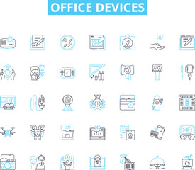 Office devices linear icons set. Printer, Scanner, Copier, Fax, Mouse, Keyboard, Monitor line vector and concept signs. Laptop,Computer,Printer cartridge outline illustrations
