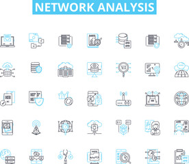 Network analysis linear icons set. Graph, Nodes, Edges, Centrality, Connectivity, Node degree, Hubs line vector and concept signs. Clustering,Modularity,Betweenness outline illustrations
