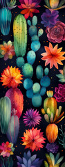 Fototapeta na wymiar pattern Cinco de Mayo, watercolor drawing, cactus with flowers, black background, generative AI