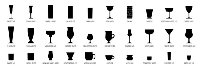 Cocktail glasses set, solid style vector illustration