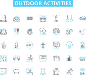 Outdoor activities linear icons set. Hiking, Camping, Fishing, Hunting, Boating, Kayaking, Canoeing line vector and concept signs. Rock climbing,Mountain biking,Horseback riding outline illustrations
