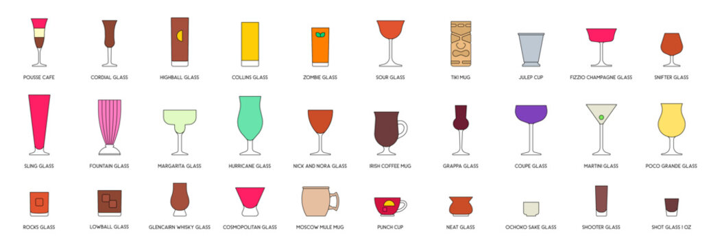 Cocktail glasses set, filled style vector illustration